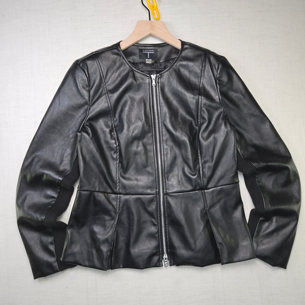 Tahari Faux Leather Jacket Medium Womens Black Peplum Zip Front Moto Vegan Biker